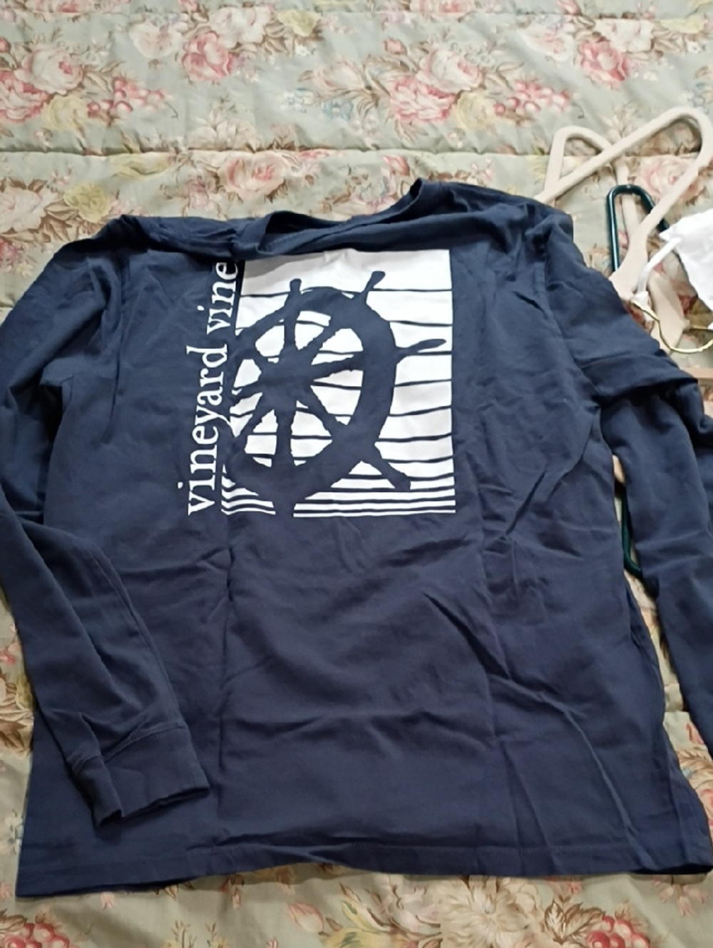 Vineyard Vines Navy Blue Long Sleeve Tee with White Ship Wheel Graphic